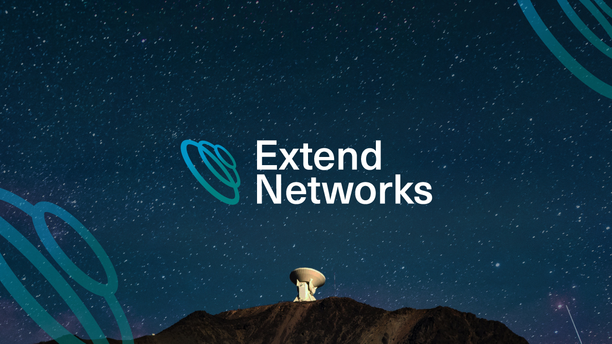 Logo of Extend Networks displayed against a starry night sky background, with a silhouette of a satellite dish on a mountain in the foreground. The logo features modern, overlapping blue and teal circles on the left side, next to the text 'Extend Networks' in white.