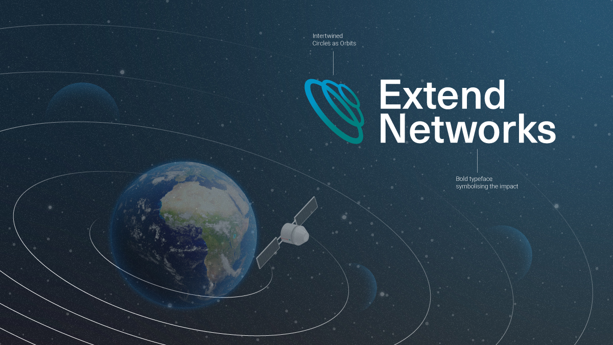 Extend Networks logo against a space-themed background with Earth and an orbiting satellite. The logo has overlapping blue and teal circles beside 'Extend Networks' text.