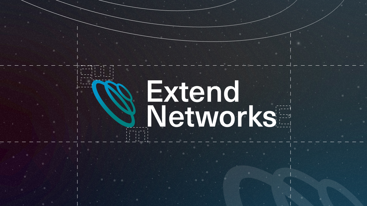 Extend Networks logo against a dark, grid-patterned background with subtle orbital lines. The logo includes overlapping blue and teal circles beside 'Extend Networks' text.