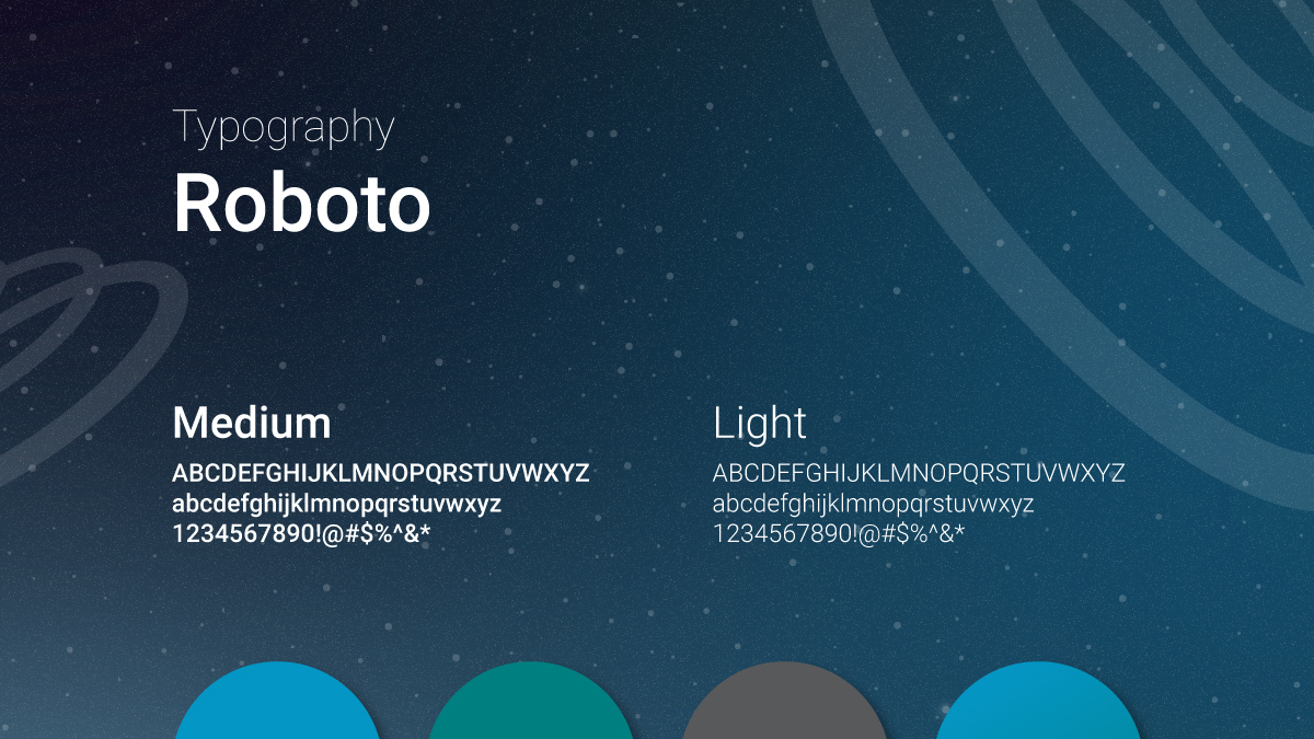 Extend Networks typography guide showcasing the Roboto font in Medium and Light weights, with example text. The background features the brand's color palette and abstract circular designs.