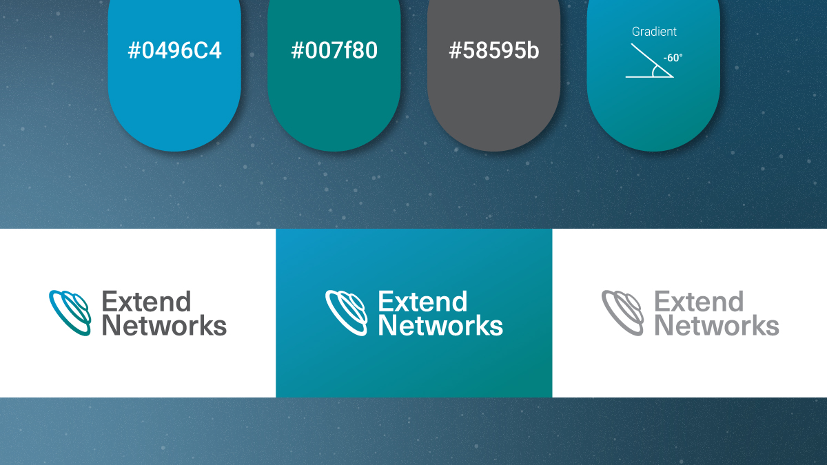 Extend Networks brand color palette with hex codes #0496C4, #007180, and #58595b displayed above three versions of the Extend Networks logo on different background colors: white, teal, and gray.