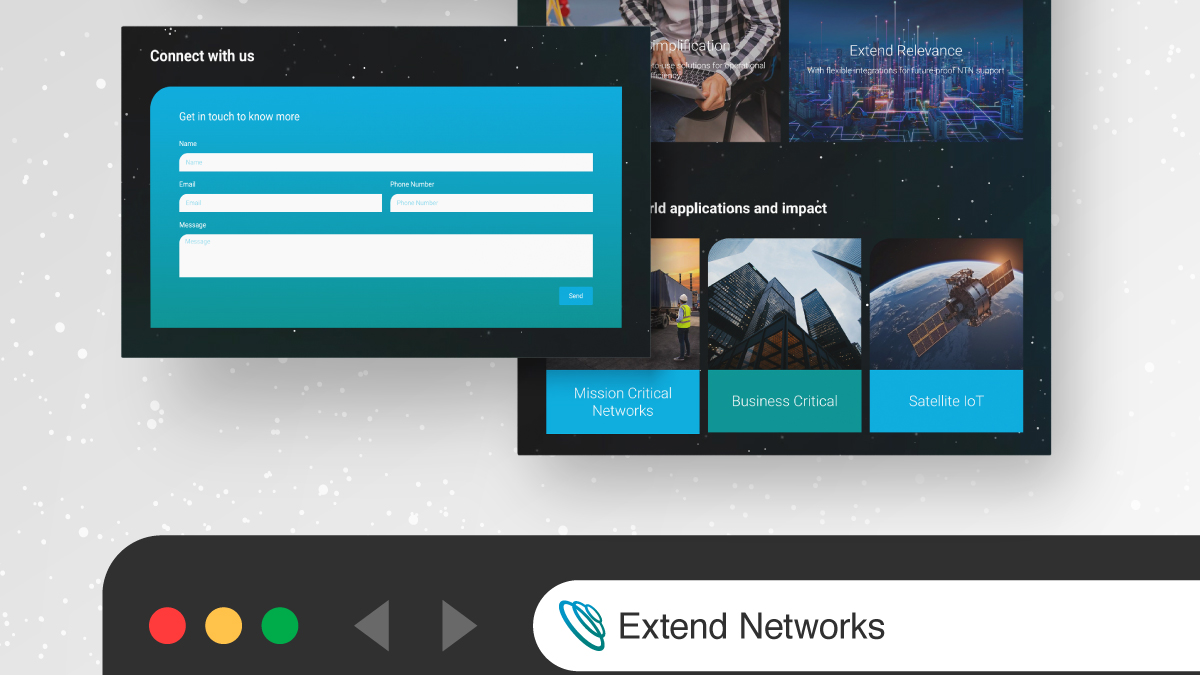 Web interface for Extend Networks showing a contact form and various application images. The browser tab displays the Extend Networks logo and name.