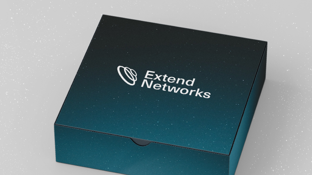Extend Networks logo on a dark blue, rectangular box against a light gray background. The logo includes overlapping blue and teal circles beside 'Extend Networks' text.