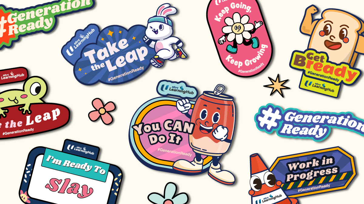 Collection of colorful and motivational stickers with phrases like 'Take the Leap,' 'You Can Do It,' and '#GenerationReady,' showcasing creative brand engagement through vibrant design and positive messaging.