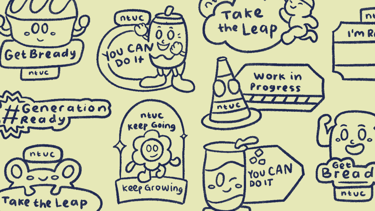 Hand-drawn sketches of motivational stickers featuring phrases like 'You Can Do It,' 'Take the Leap,' and '#GenerationReady,' highlighting creative strategies for brand engagement through encouraging and playful designs.