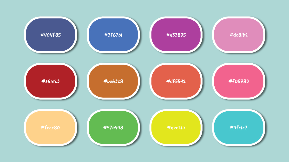 Color palette featuring 12 different hex codes on a pastel background, demonstrating the use of vibrant colors to enhance brand engagement and visual appeal in branding materials.