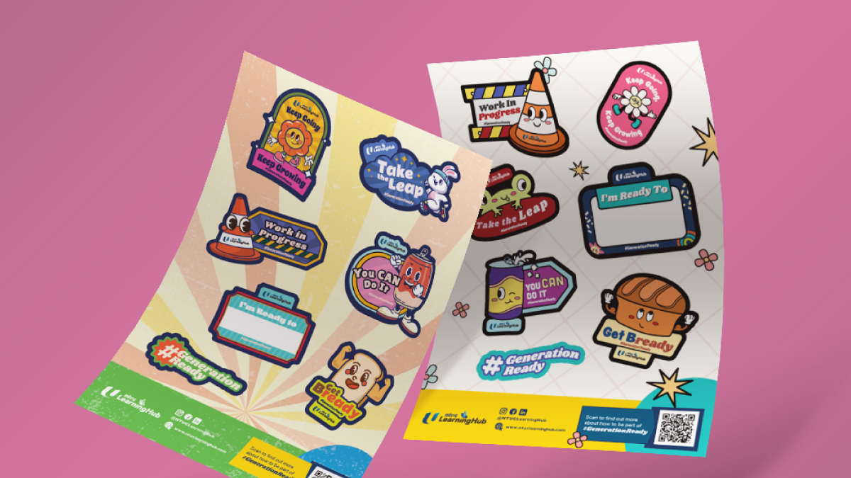 Two sheets of colorful and motivational stickers with phrases like 'Take the Leap,' 'You Can Do It,' and '#GenerationReady,' designed to enhance brand engagement and promote a positive and interactive brand experience.