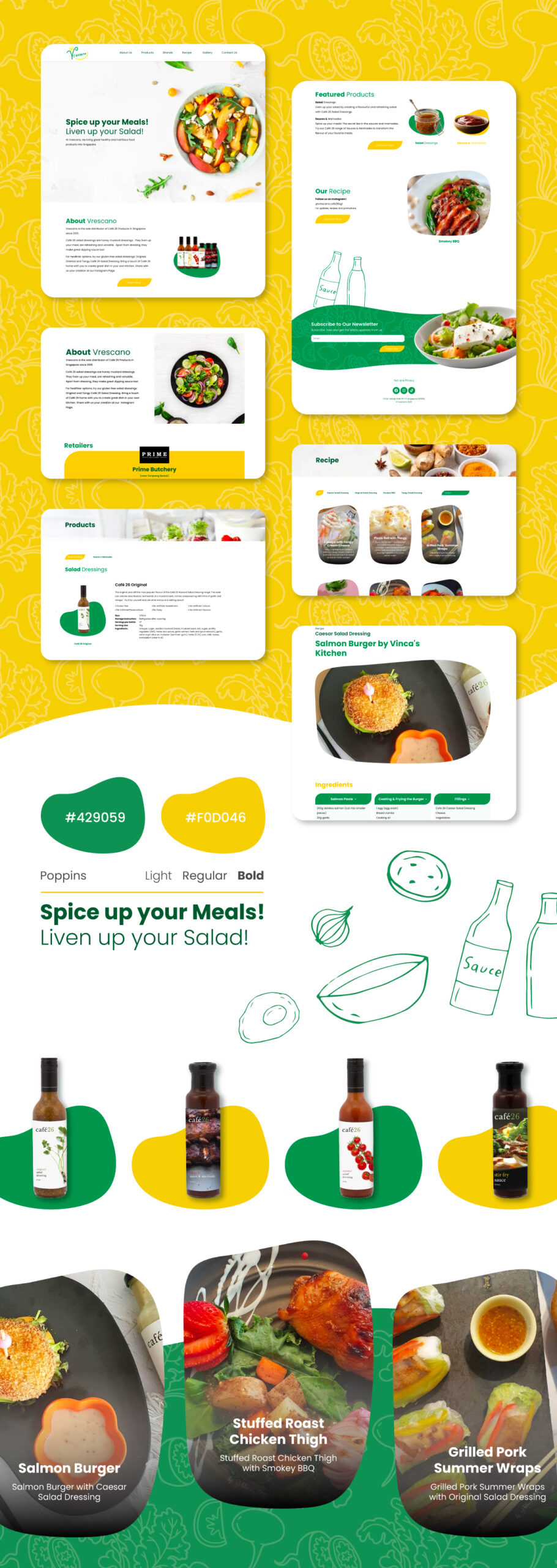 LivelyGreen product page design mockup showing webpage layouts, sauce bottle lineup, color palette swatches, and recipe cards in a clean green and yellow theme
