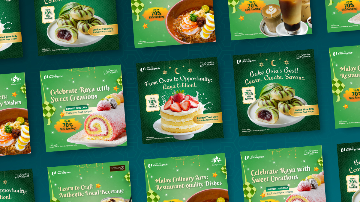 Social media campaign design layout showcasing a grid of Raya-themed course visuals, each featuring festive green backgrounds, appetizing dessert and culinary photography, and promotional badges highlighting up to 70% SSG-funded baking and culinary programmes.