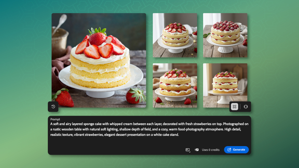 Social media campaign design mockup featuring a strawberry shortcake image generator interface on a gradient green background, showcasing multiple cake photo variations, descriptive prompt text, and UI buttons for creating dessert visuals.
