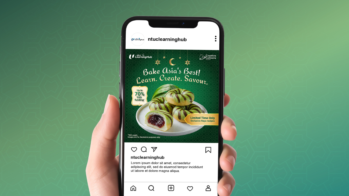Raya-themed social media campaign design mockup showing a hand holding a smartphone with an Instagram post of festive green pastries on a plate, over a gradient green patterned background with Islamic motifs and promotional course text.