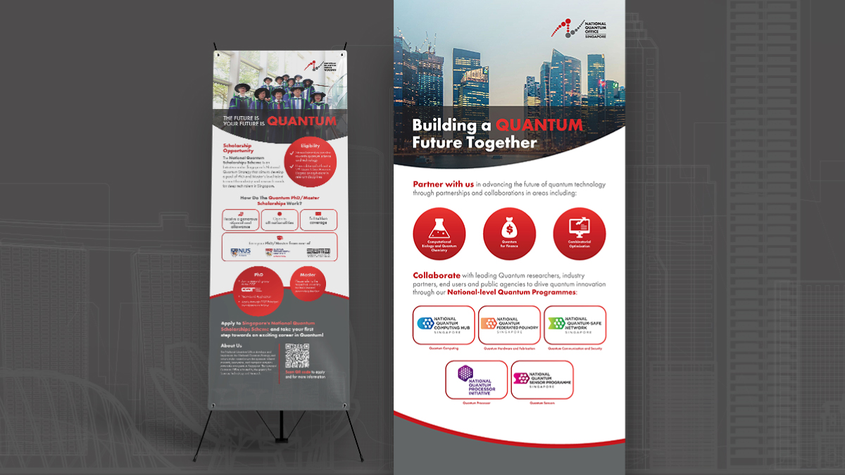 Two National Quantum Office (NQO) X-stand banners showcasing environmental branding for Singapore's quantum research hub. Left banner features "Building Quantum Future Together" headline with diverse group photo, red circular icons for partnerships, and QR code. Right banner displays "Building a Quantum Future Together" with Singapore skyline, collaboration icons (government, industry, academia), and A*STAR logo. Clean hierarchy, red accents, and modern layout balance complex information with visual clarity.