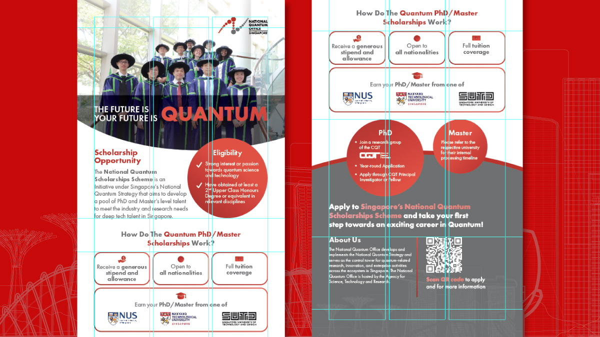 Two-panel National Quantum Office (NQO) X-stand banner promoting quantum education opportunities, with white grid overlay for design alignment. Left panel: "The Future of Singapore is Quantum" headline above diverse students group photo, "Scholarship Opportunities" section highlighting PhD and Master's programs. Right panel: "How to Quantum PhD/Master's" with eligibility criteria, PIO/CX logos, "Apply to Singapore's National Quantum Scholarships" call-to-action, and QR code. Red brand color dominance, structured layout for exhibition recruitment.