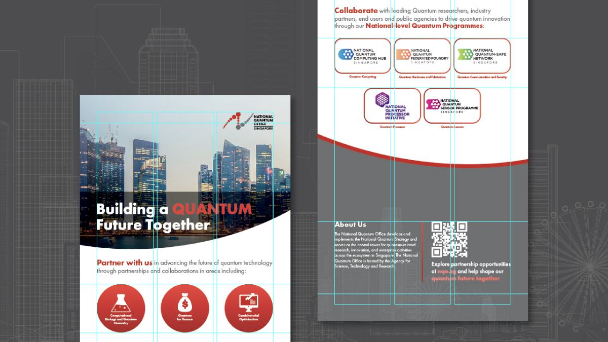 Dual-panel National Quantum Office (NQO) X-stand banner mockup with grid overlay for layout precision. Left panel: "Building a Quantum Future Together" headline over Singapore skyline, red circular icons (government, industry, academia). Right panel: "Collaborations with Quantum Tech" listing partners (NRF, A*STAR, NUS, NTU logos), "About Us" section, dual QR codes. Red brand accents, professional layout for exhibition environmental branding.