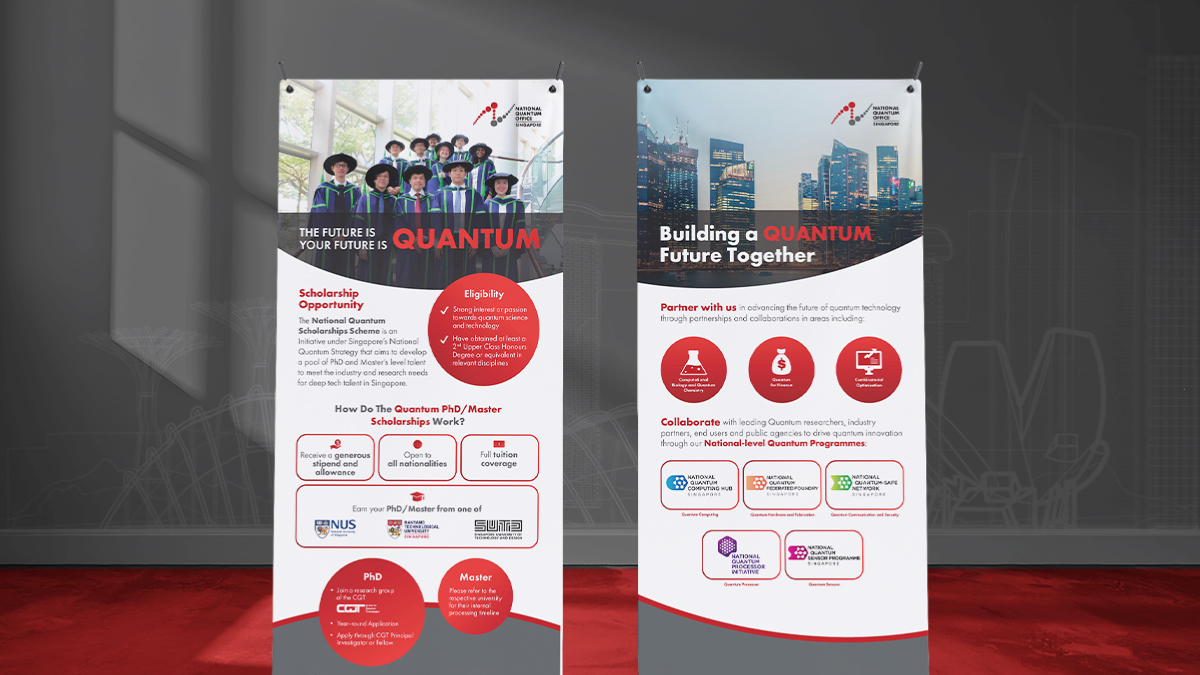 Side-by-side National Quantum Office (NQO) X-stand banners demonstrating Singapore's quantum research initiative. Left banner: "Quantum Future for Singapore" with group of young professionals, red circular icons (leadership, talent, partnerships), A*STAR logo. Right banner: "Building a Quantum Future Together" featuring Singapore skyline, collaboration panels (government, industry, academia) with circular icons and logos. Red accents, clean hierarchy, modern layout for exhibition use.