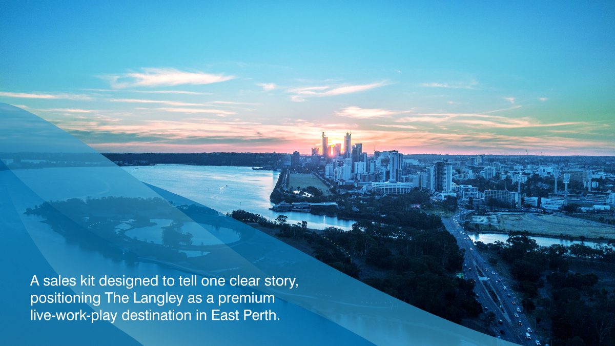 Marketing kit cover featuring a sunset skyline over a waterfront city, presenting The Langley as a premium live-work-play destination in East Perth.