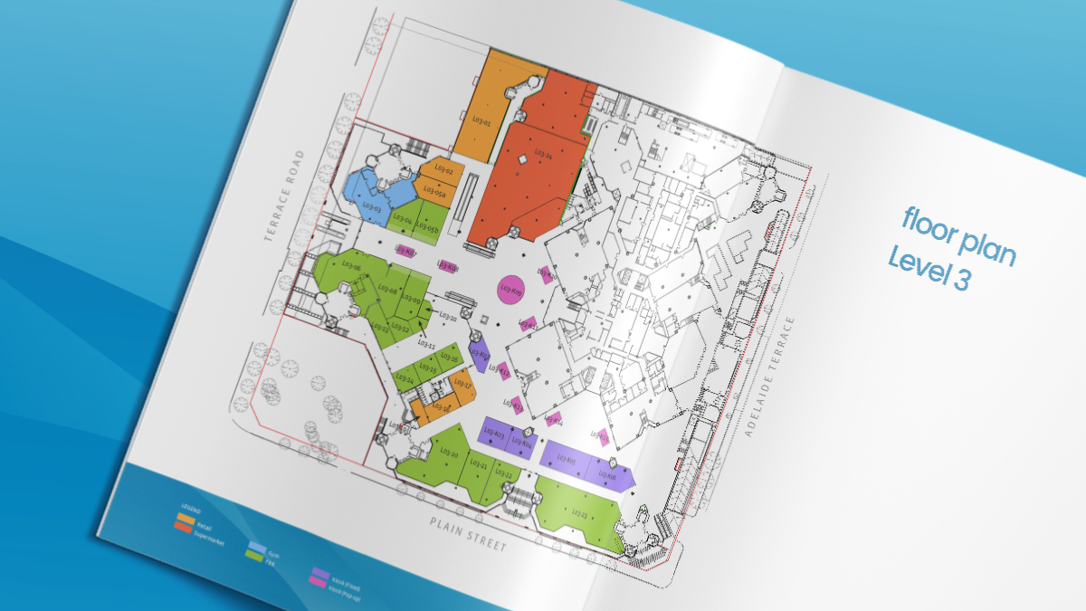 Brochure spread showing a floor plan.