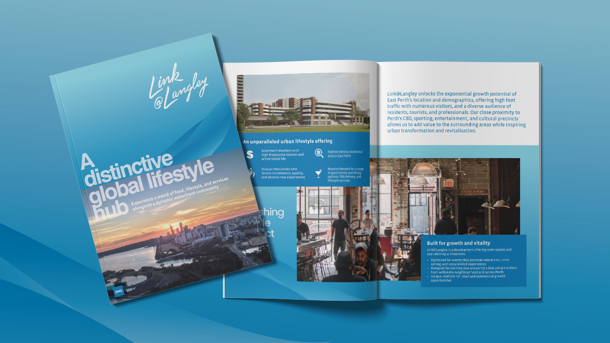 Marketing kit cover with East Perth skyline and The Langley live-work-play positioning.