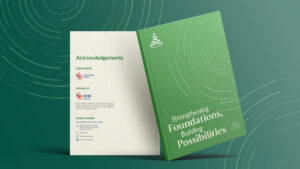 nnual report design for Counselling and Care Centre showing the green Overview section divider and About CCC page