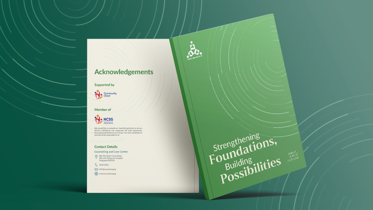 nnual report design for Counselling and Care Centre showing the green Overview section divider and About CCC page