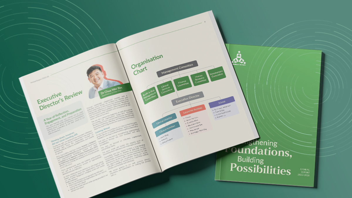 Fundraising Campaign and Financial Highlights pages of the Counselling and Care Centre annual report with a pie chart infographic