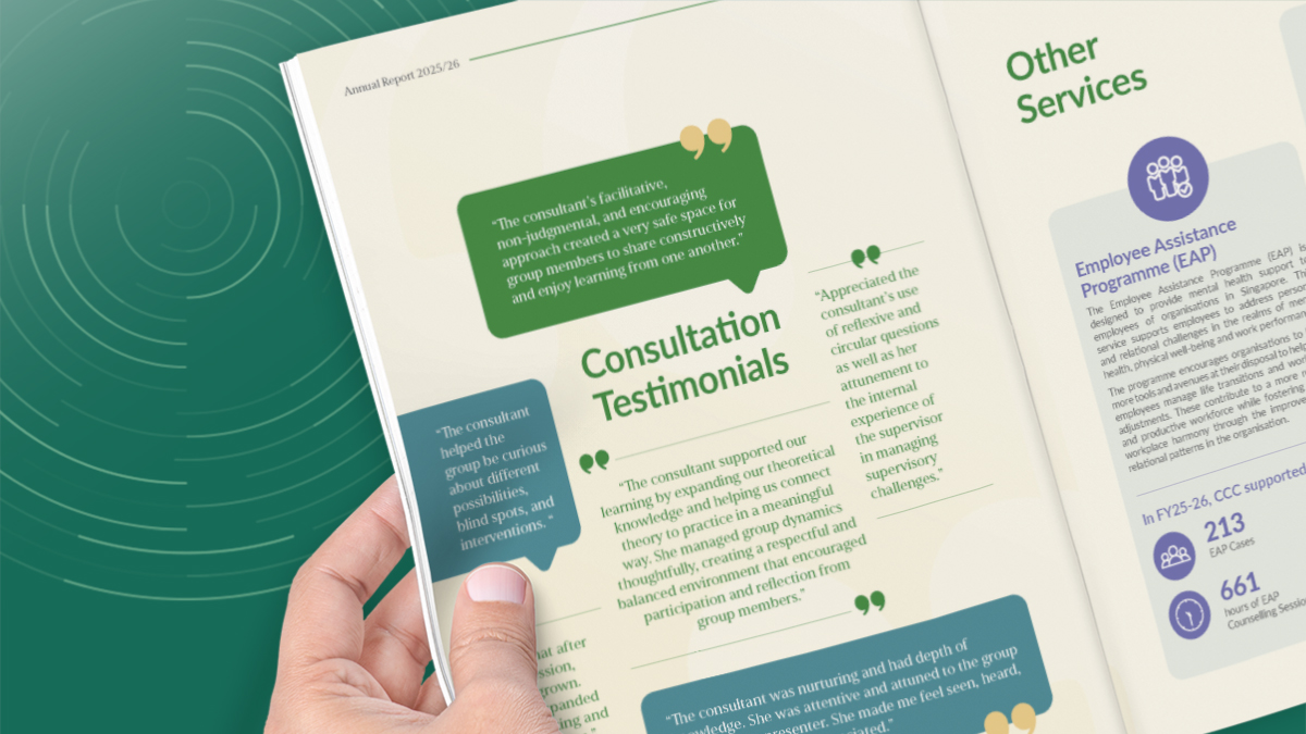 Open spread of the Counselling and Care Centre annual report featuring a testimonial in a green speech bubble