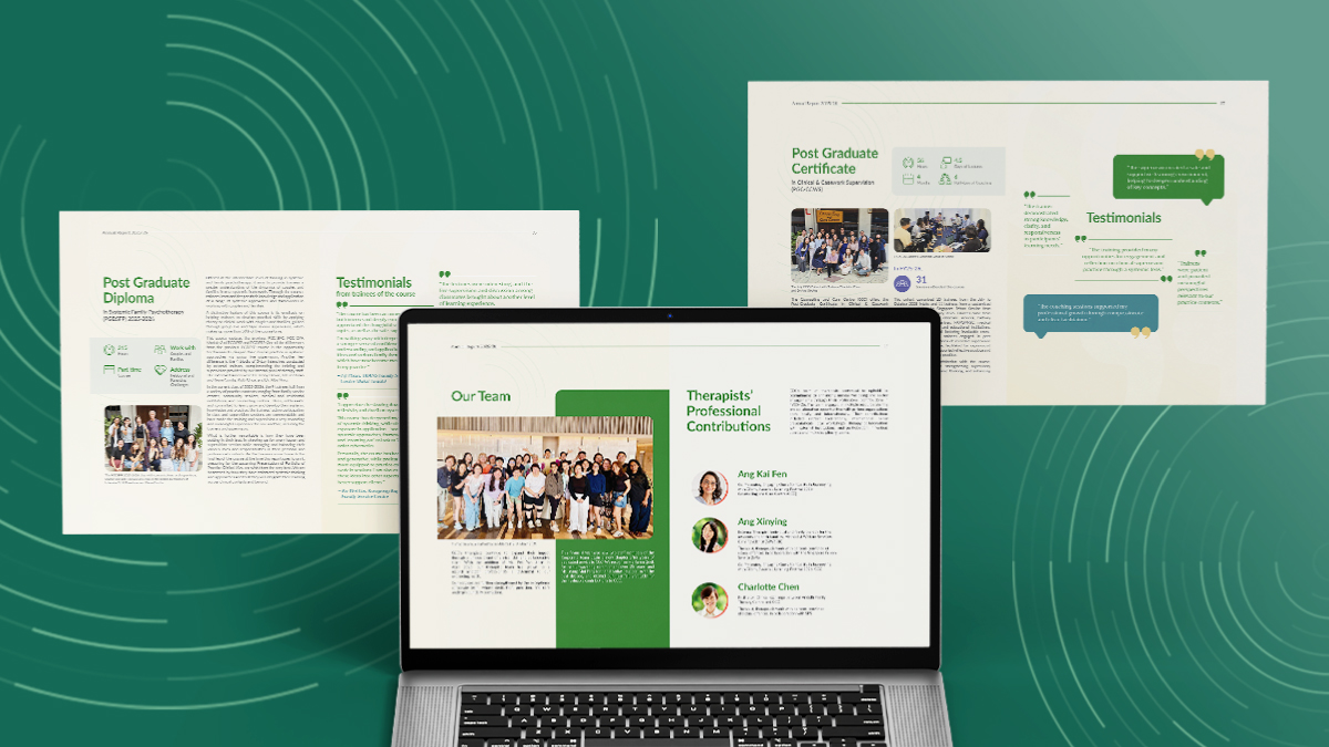 Green Our Services section divider in the Counselling and Care Centre annual report with a ripple graphic