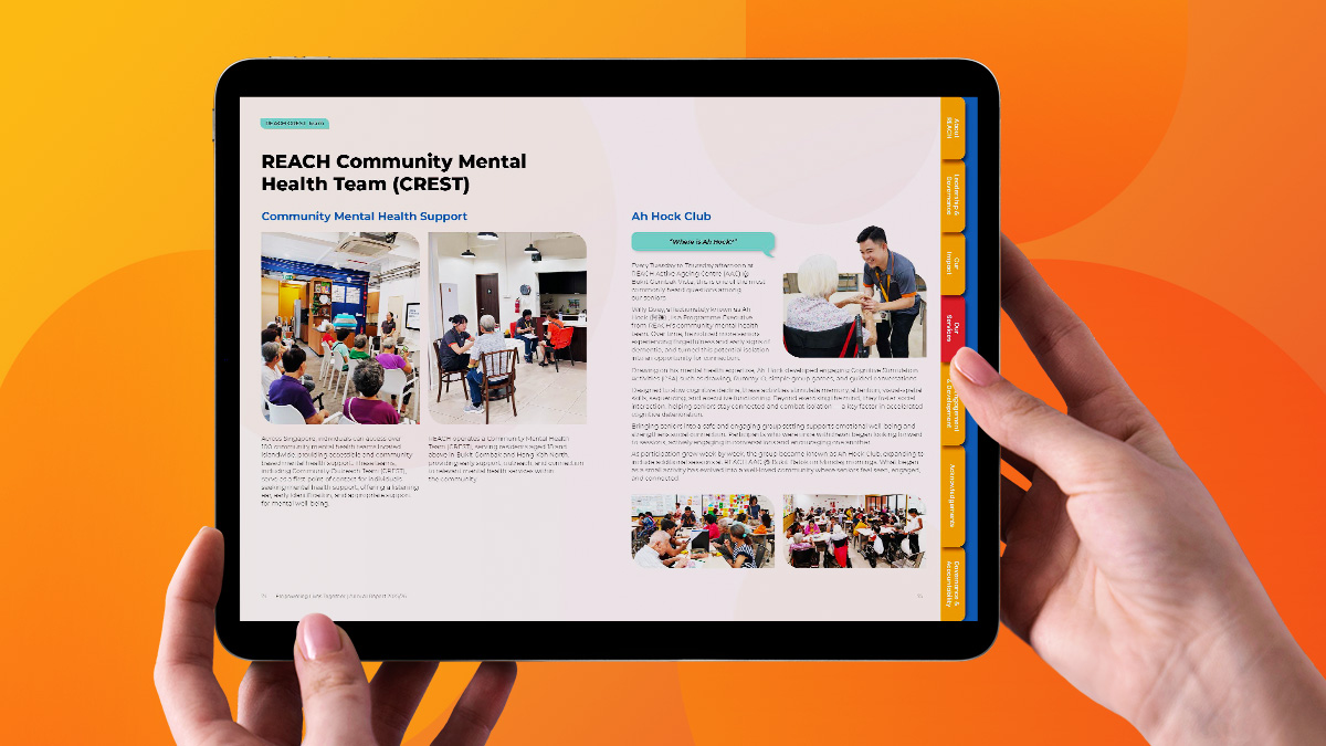 Hand holding a tablet that displays the REACH Community Mental Health Team (CREST) spread in the digital annual report design