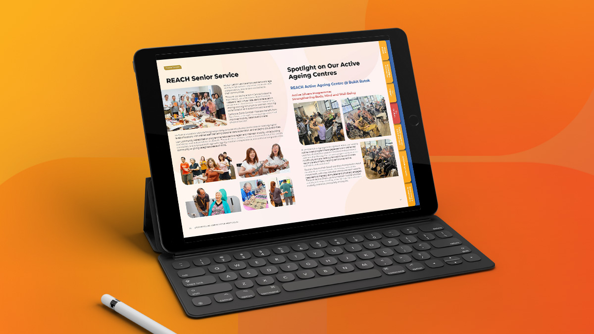Tablet showing the REACH Senior Service spread in the digital annual report, with community photos and menu tabs on the right