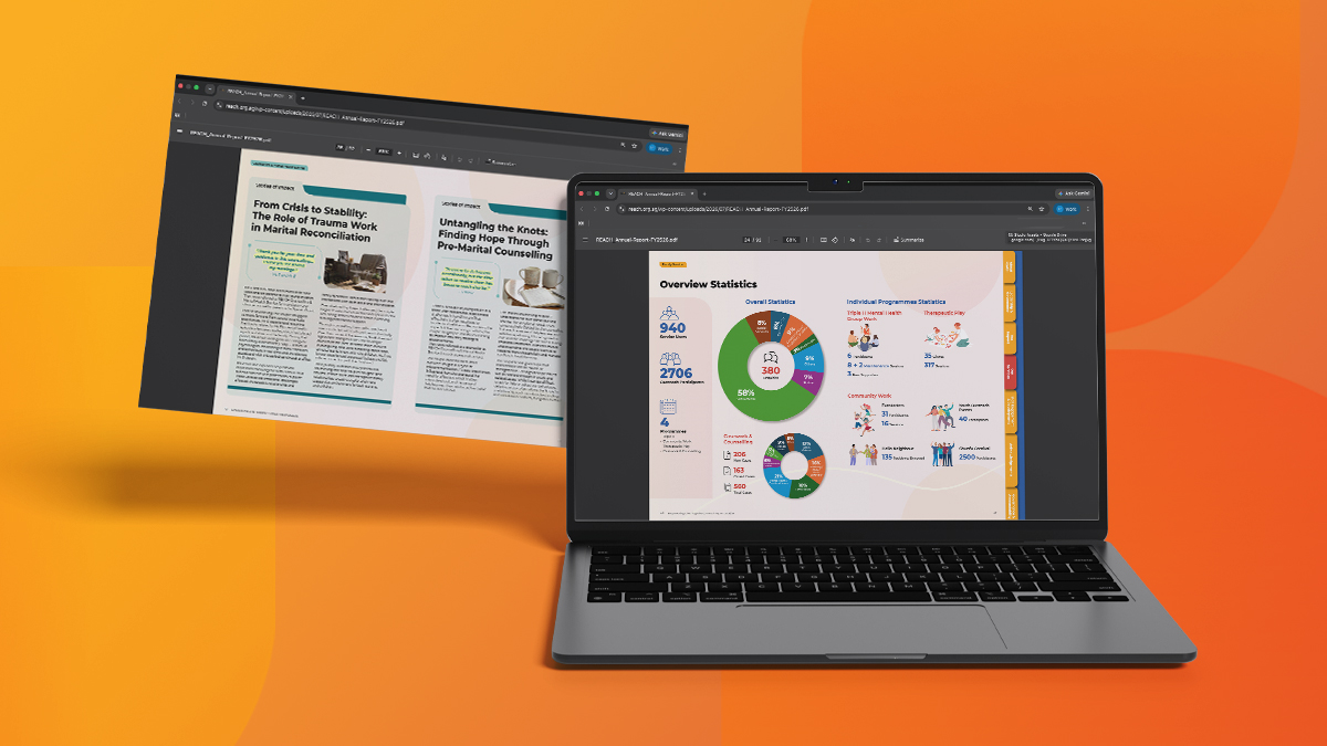 REACH Community Services digital annual report on a screen, showing a donut chart infographic and a photo layout